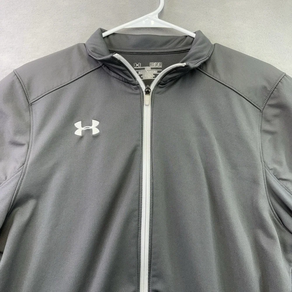 UNDER ARMOUR Gray Warm Up Jacket Medium Mens M Zip Up White Stripe